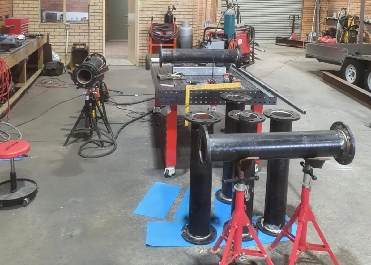Flanged pipe spools being fabricated in the workshop