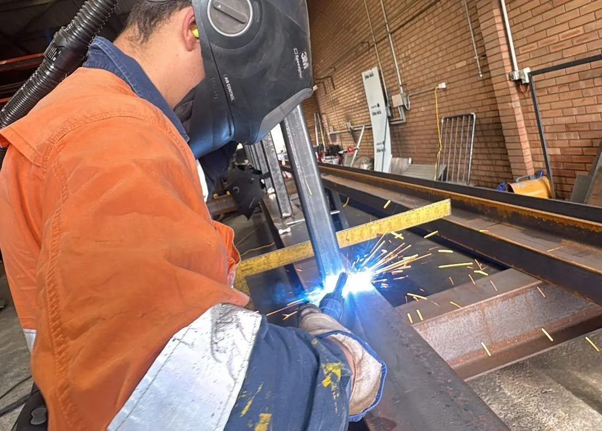 Pearl Maintenance boilermaker welding steel in the Kwinana workshop